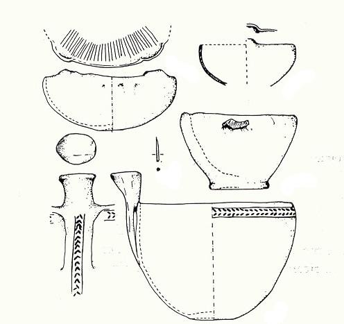Tomba 137: disegno dei vasi del corredo funebre  (Si noti l’ansa a bottone e la decorazione a spina di pesce)