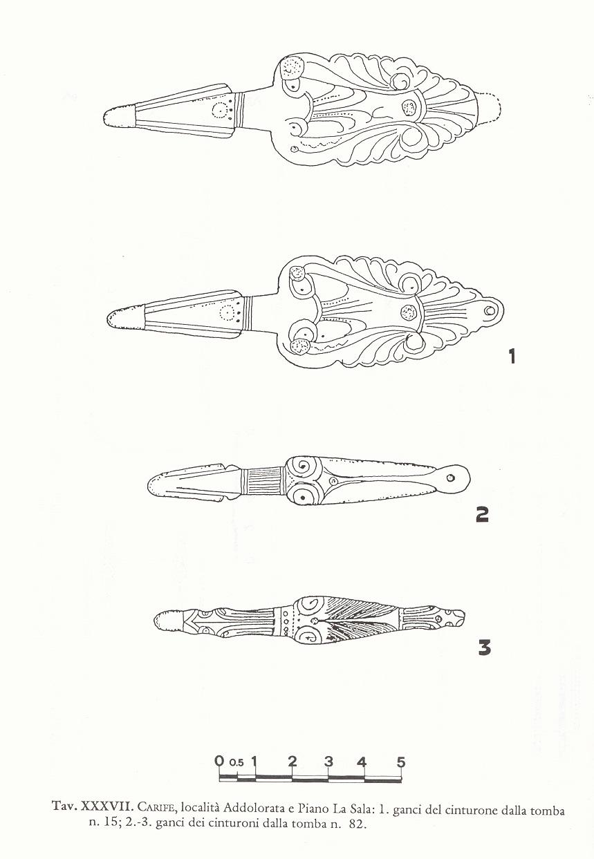 Disegni di ganci di cinturoni “a palmetta” e “serpentiformi” (Dalla pubblicazione di Matilde Romito)