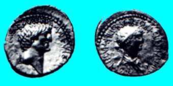 Moneta con Marco Antonio (lato A) e Cleopatra (lato B) (L’immagine è riportata e descritta al n° 115 del manuale del Montenegro “Monete Imperiali Romane”) 