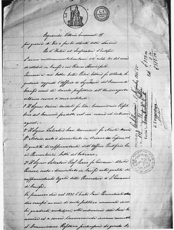 La prima pagina dell’atto notarile stilato il 3 Ottobre 1936